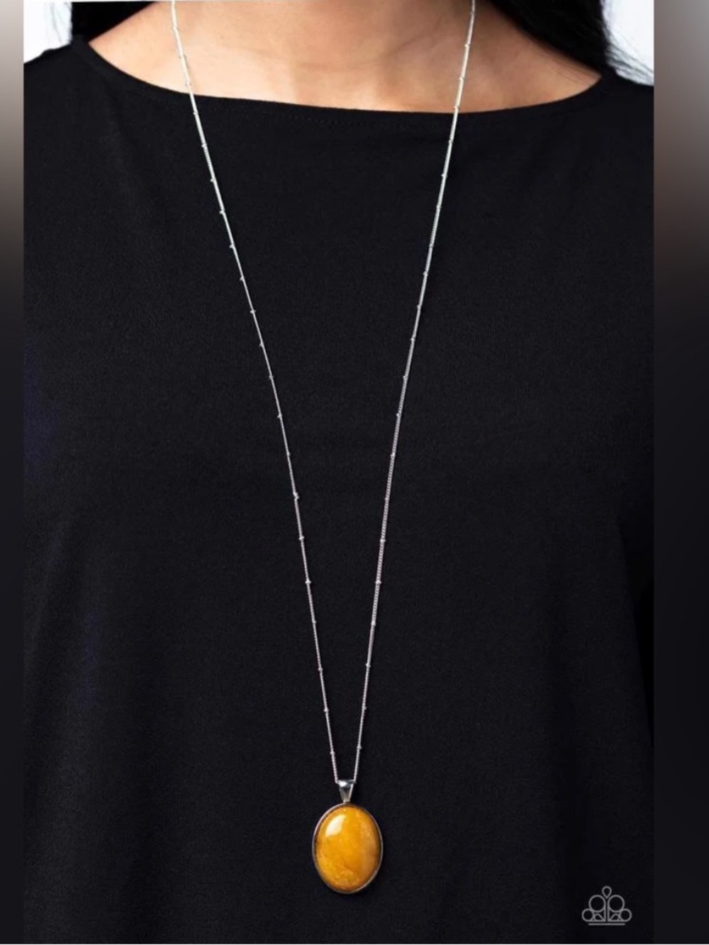 New! Peaceful Glow Amber Brown Oval Pendant on long silver chain & earrings
